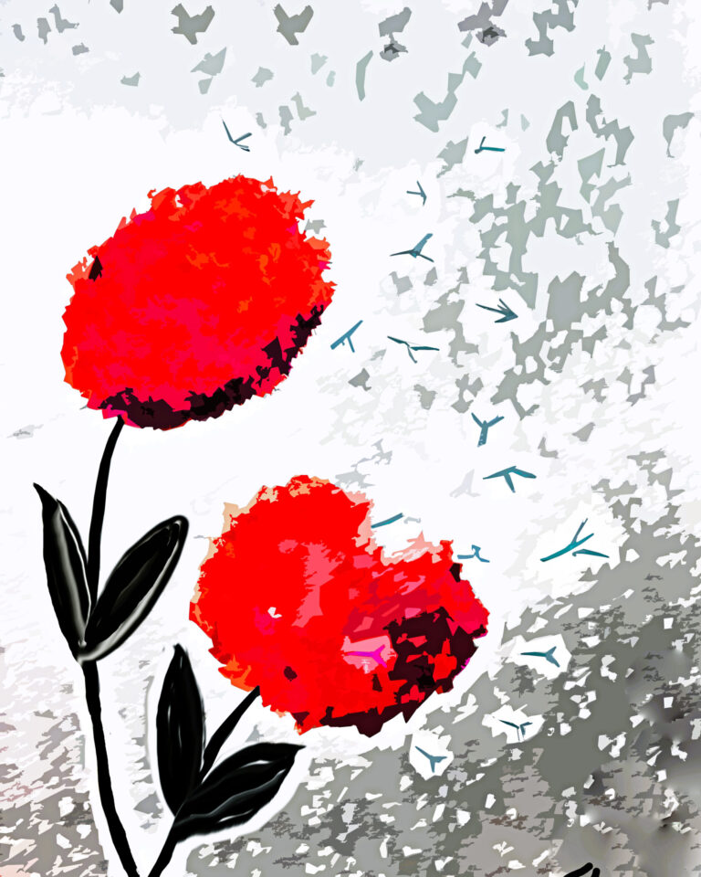 Two red flowers with dark stems and leaves; one flower is breaking apart, with its petals turning into blue and white birds flying away against a cloudy, abstract gray and white background.