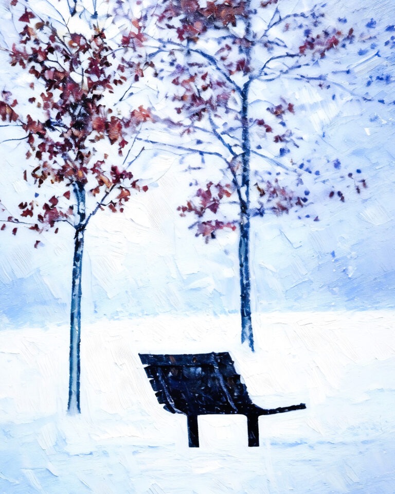 A bench sits alone in a snow-covered park, surrounded by two bare trees with a few red leaves remaining. The scene is peaceful and painted in cool blue and white tones, suggesting a cold winter day.