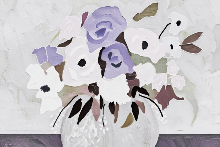 A painting of a vase with pastel-colored flowers, including soft purple, white, and pale pink blooms, with dark centers, set against a muted, light gray background.