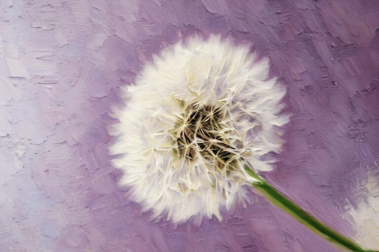 A close-up of a dandelion puff with white, fluffy seeds and a green stem, set against a textured, light purple background resembling an oil painting.