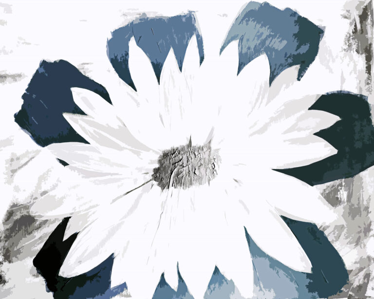 A digital painting of a large white flower with a textured gray center, surrounded by abstract blue and dark green petals against a light, sketchy background.