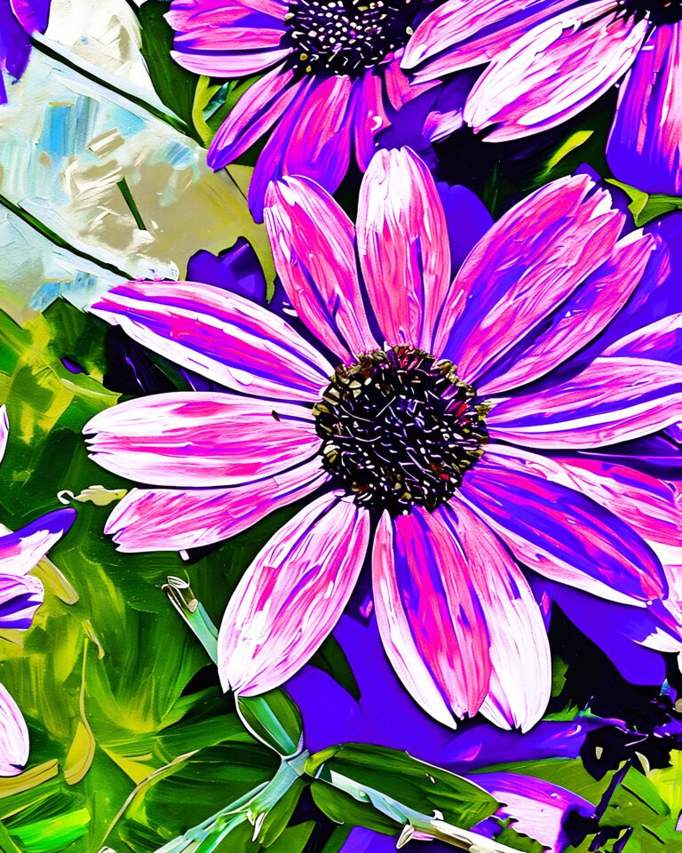 A vibrant, digitally enhanced illustration of a pink daisy-like flower with a dark center, surrounded by green leaves and other similar flowers on a colorful, abstract background.