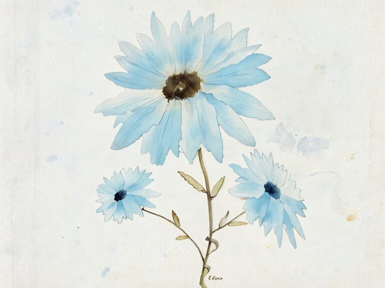 Watercolor illustration of three blue daisies with delicate petals and light brown stems on a pale, textured background.