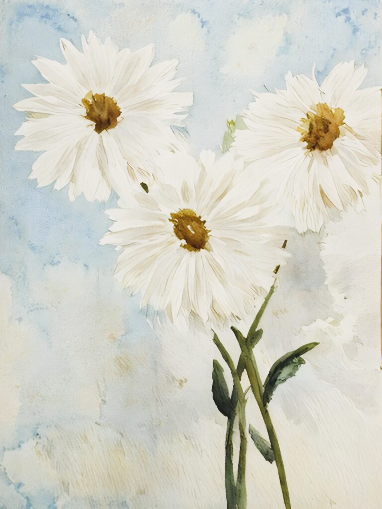 Watercolor flowers, blue skies, and fluffy clouds. Free download.