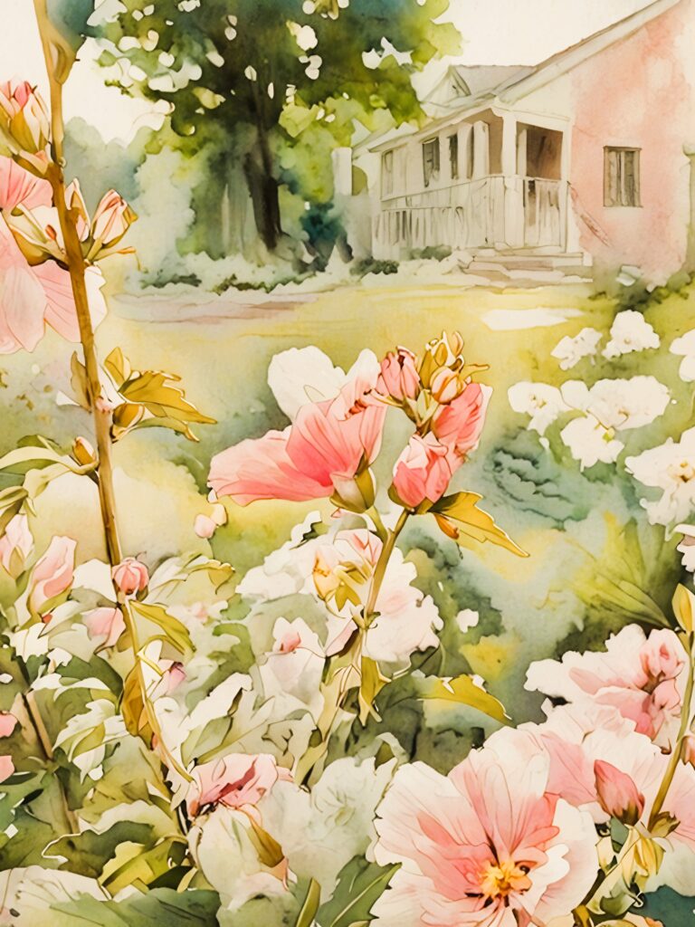 Watercolor painting of a garden with pink and white flowers and cottage style home. Free download.