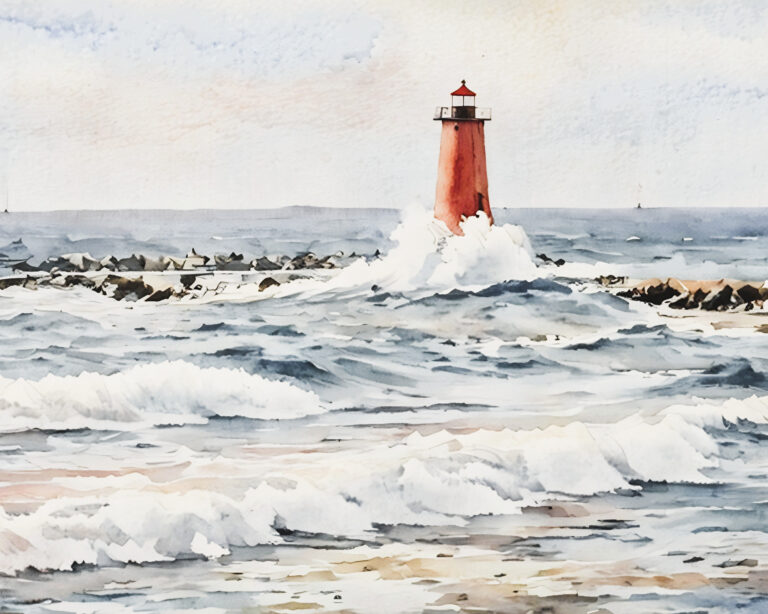 Watercolor painting of a red lighthouse on rocky breakwaters surrounded by turbulent ocean waves, with a light blue sky in the background.