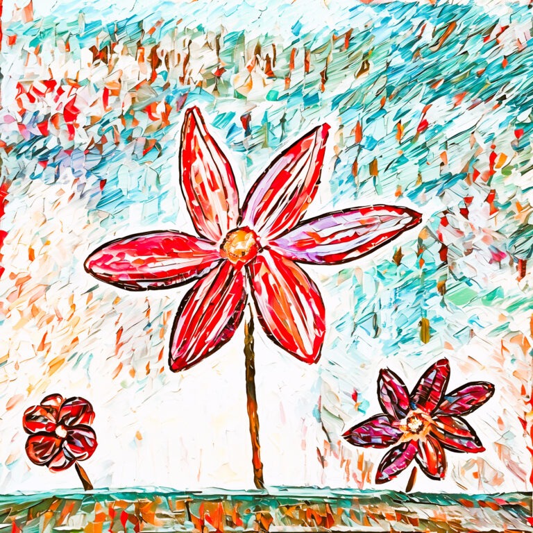 Colorful, abstract painting of three red flowers with five petals each, set against a textured, turquoise and white background. The central flower is large and tall, with two smaller flowers on either side, all with visible stems.
