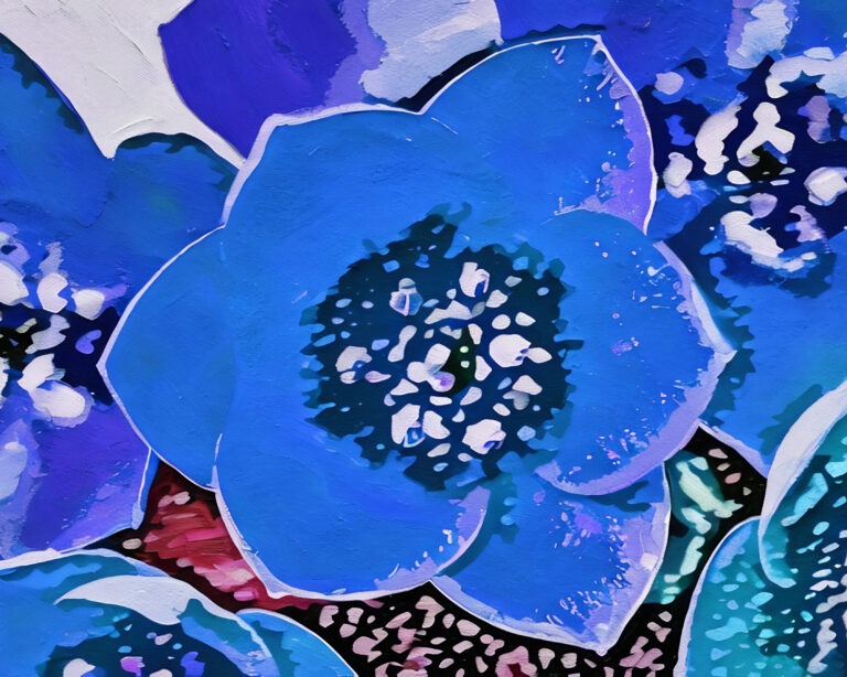 A vibrant, digitally painted blue flower with white speckles at its center, surrounded by abstract blue and purple petals and green leaves.