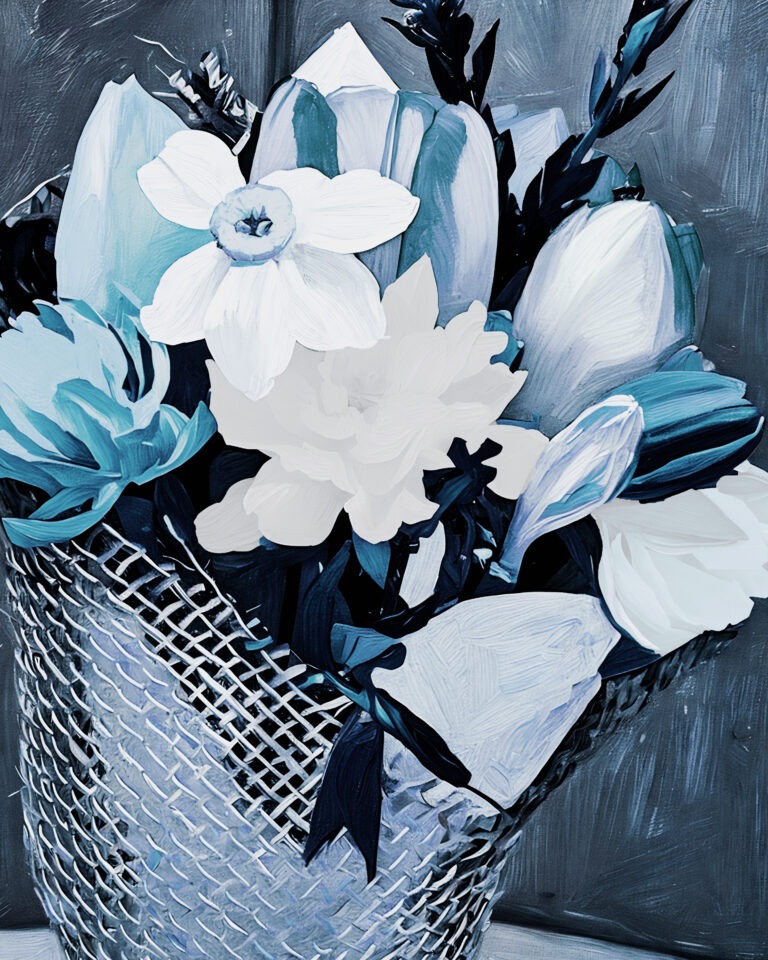 A stylized painting of a bouquet with white and light blue flowers in a textured mesh vase, set against a dark, abstract background.