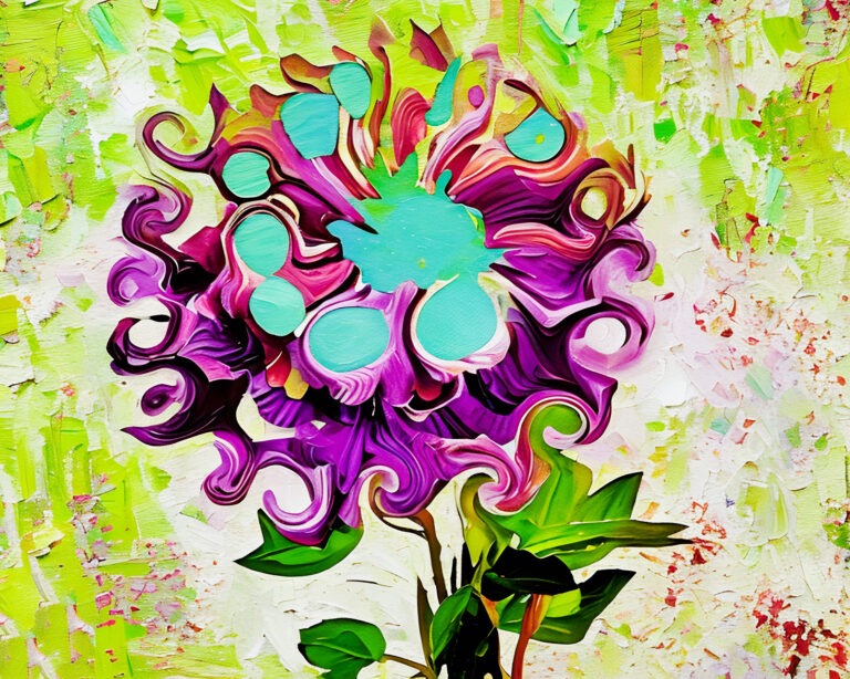 A vibrant, abstract painting of a flower with swirling purple and pink petals, teal circular accents, and green leaves, set against a textured, light green and white background with splashes of color.