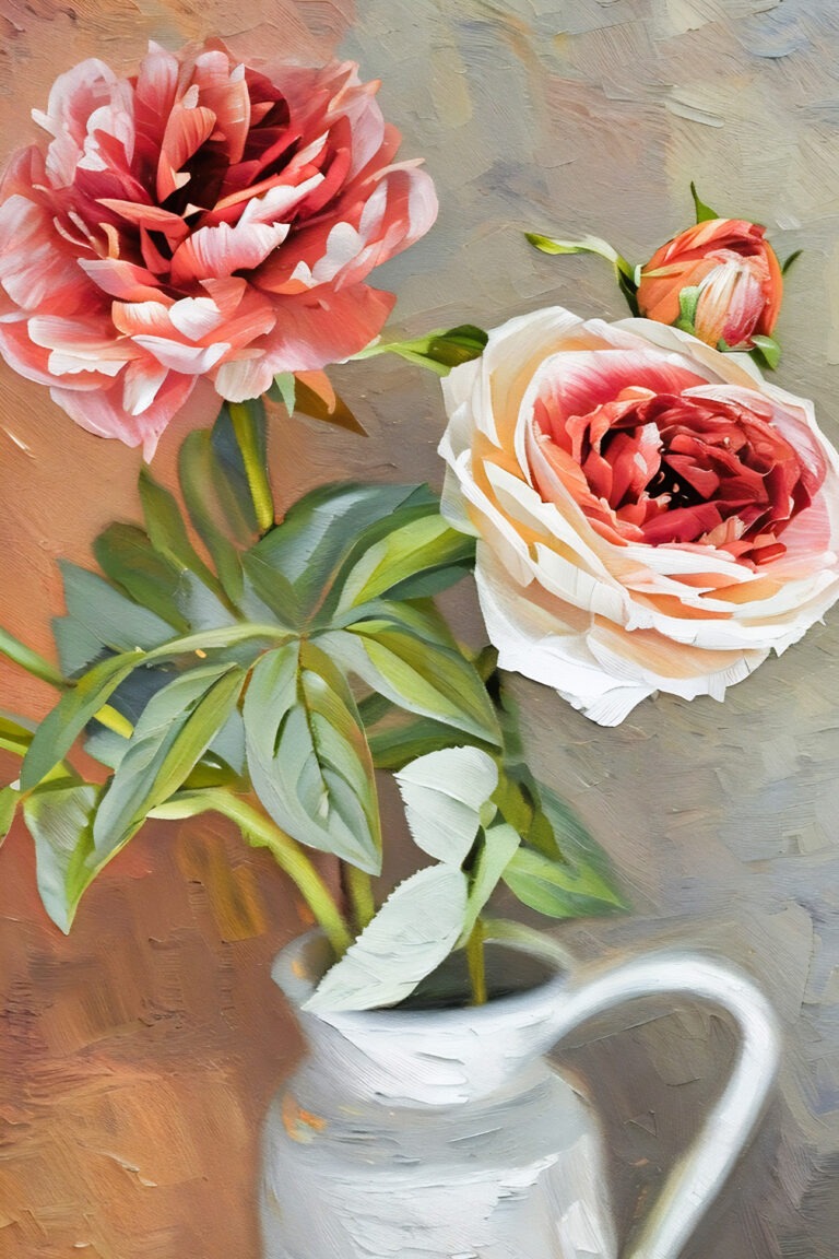 A painting of a white pitcher holding three peonies—two large, one pink and one white with pink edges, and a smaller pink bud. The background is a blend of muted brown and gray tones.