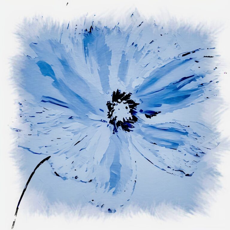 Digital watercolor painting of a single blue flower with delicate petals and a dark center, set against a light, textured background. The art has a soft, airy feel with gentle brushstrokes.