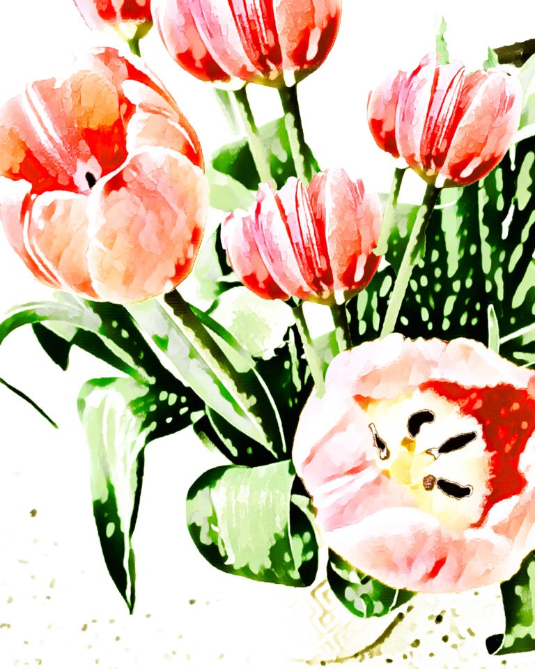 A vibrant illustration of pink tulips with green leaves in a vase, set against a bright white background. The petals have red and pink hues, and the leaves feature speckled patterns.