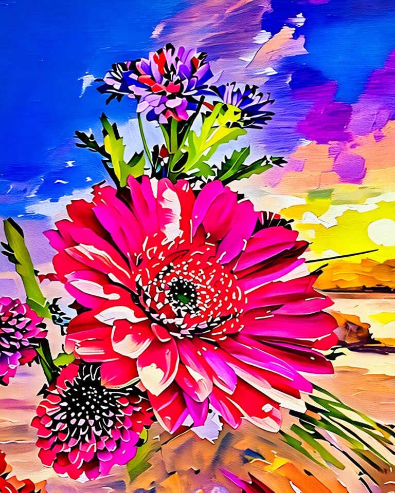 A vibrant, stylized painting of pink, red, and purple flowers with green stems against a colorful sky with blue, yellow, and pink hues, resembling a sunset or sunrise.