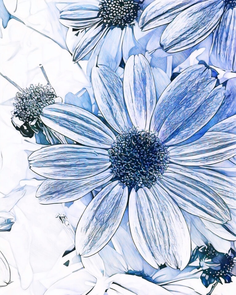 A stylized, digitally enhanced image of daisies with white petals and blue accents, featuring intricate lines and shading for an artistic, sketch-like appearance. The flowers are closely clustered together.
