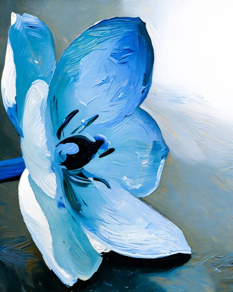 A close-up painting of a single blue flower with white accents, textured brushstrokes, and a soft, blended background with light and dark blue tones.