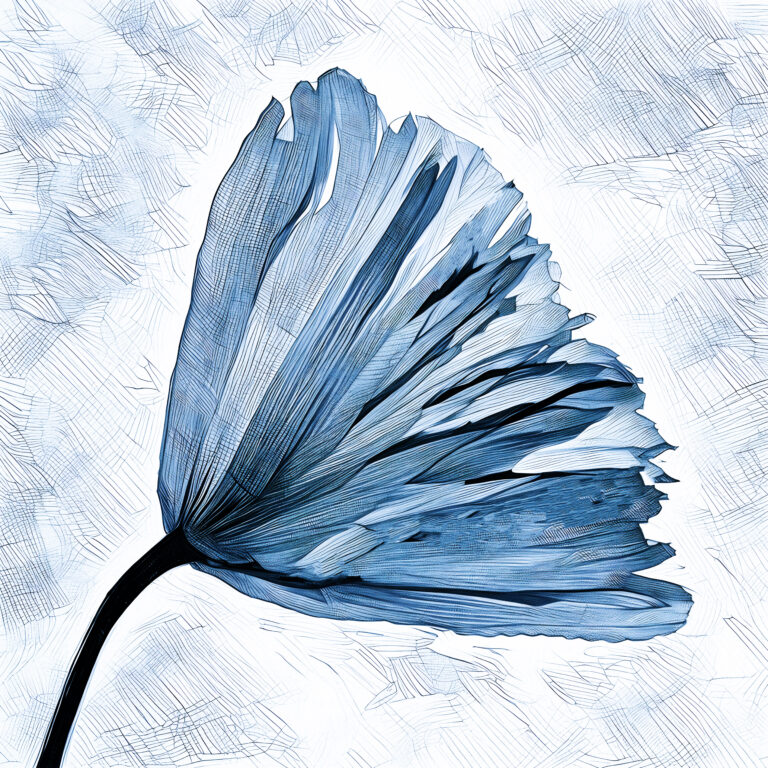 A stylized digital drawing of a blue flower petal with fine lines and textured shading, set against a light, sketch-like background. The image has an artistic, almost abstract feel.