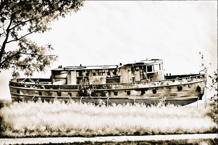 A sepia-toned image of an old, weathered boat sitting on land behind a fence, surrounded by tall grass and trees, with a pathway in the foreground.