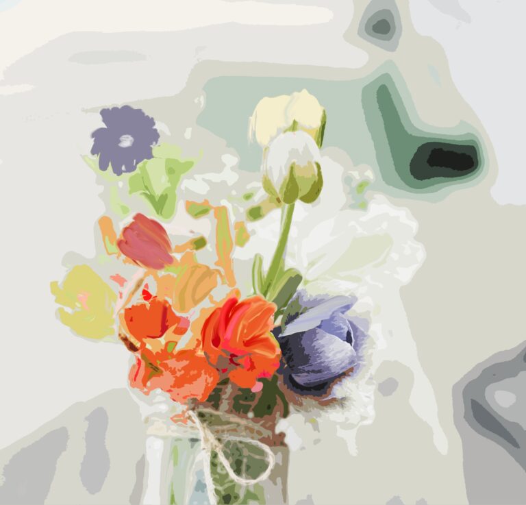 A stylized, painterly image of a colorful bouquet featuring orange, yellow, white, and purple flowers arranged in a glass jar, tied with twine, set against a light, abstract background.