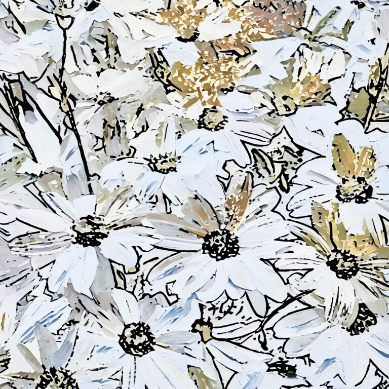 An artistic illustration of white daisies with yellow centers and dark stems, densely clustered together, creating a lively and textured floral pattern.