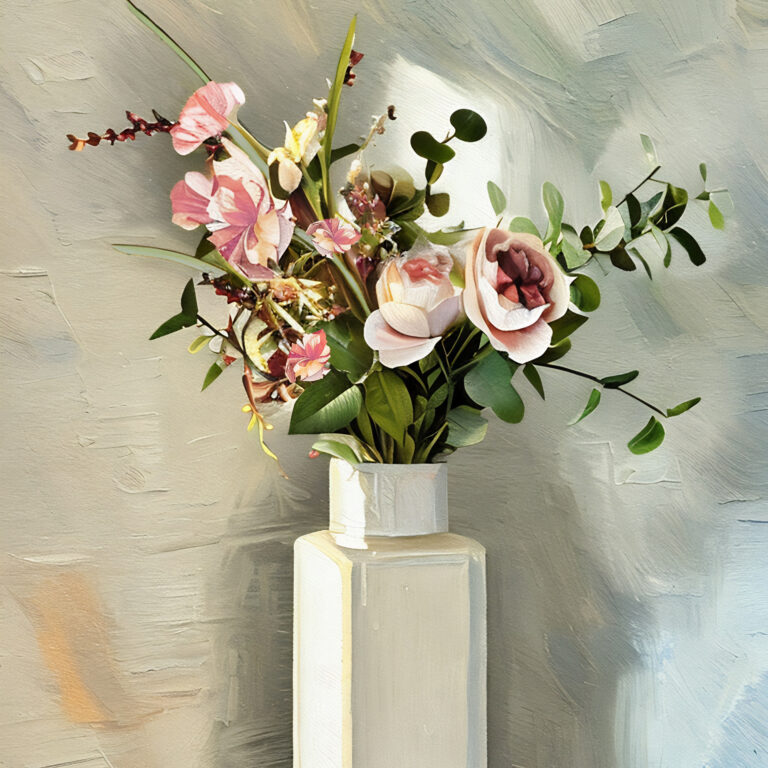 A bouquet of pink and white flowers with green leaves arranged in a tall, white rectangular vase, set against a textured, light-colored background.