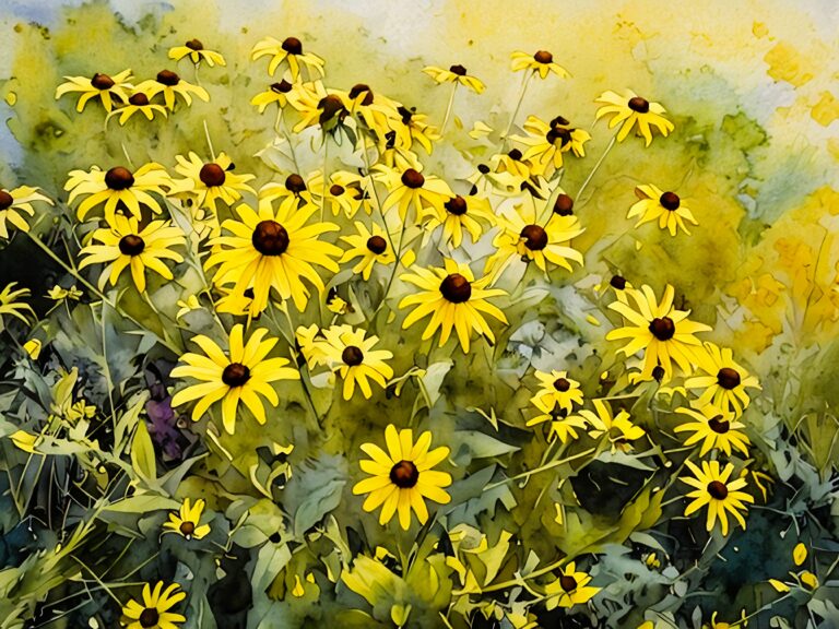 A cluster of bright yellow flowers with dark centers, resembling black-eyed Susans, bloom among green leaves against a background of soft, sunlit foliage and watercolor-like yellow hues.