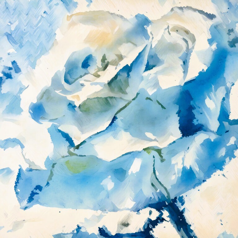 A watercolor painting of a blue rose with soft, abstract brushstrokes and hints of green, set against a light, textured background.