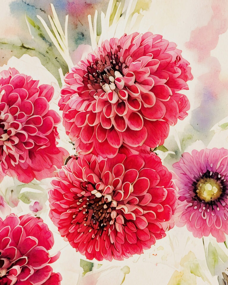 Vibrant pink chrysanthemums with layered petals are depicted in a watercolor style, surrounded by soft green leaves and background splashes of pastel colors.