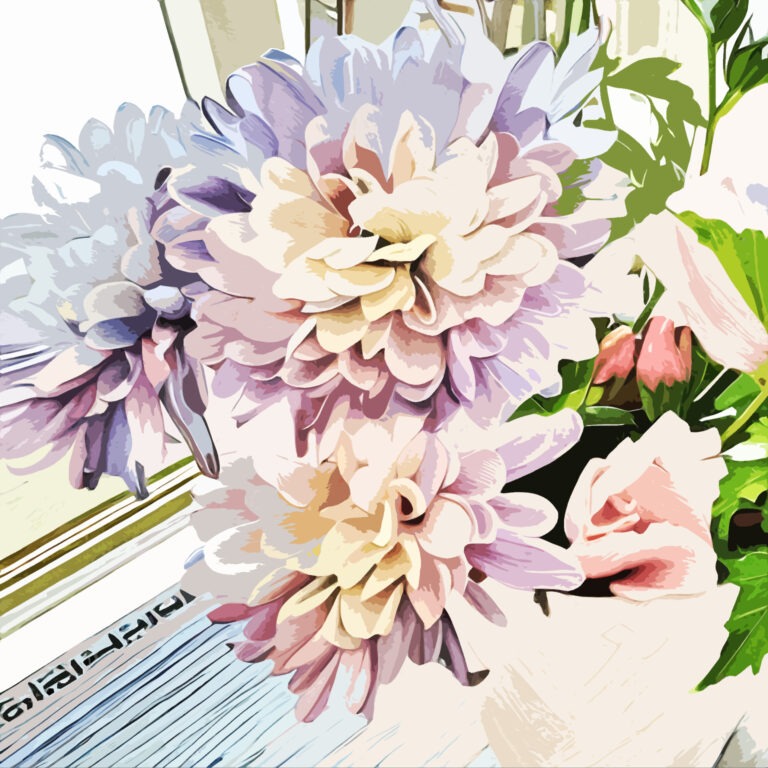Illustration of pale purple and cream dahlias in a vase on a windowsill, with sunlight streaming in and green leaves in the background.