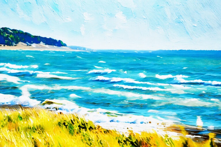 A vibrant painting depicts ocean waves crashing onto a sandy shore, with green grass in the foreground and distant trees lining the horizon under a bright blue sky.