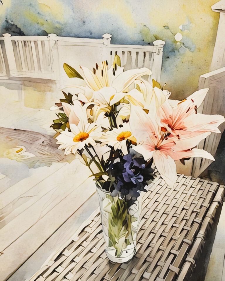 Painting of a glass vase with lilies, and daisies. Free download.