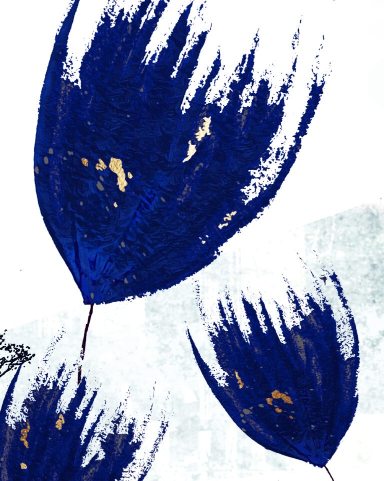 Abstract illustration of three blue, paint-brushed flowers with gold accents and thin stems on a white background. The brushstrokes appear textured and expressive, giving a dynamic, artistic feel.