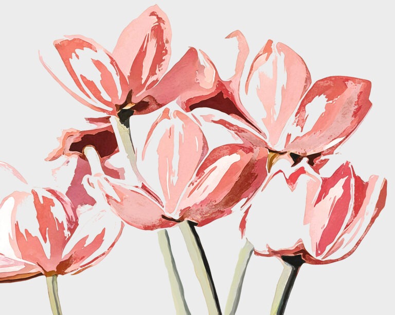 Watercolor illustration of five pink tulips with white highlights and green stems, set against a light gray background. The flowers are depicted in a loose, artistic style.