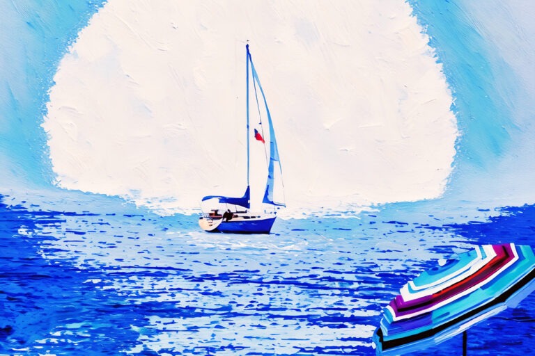 A sailboat glides on a bright blue sea under a wide, sunny sky, with a colorful striped beach umbrella in the foreground. The scene is painted in a vibrant, impressionistic style.