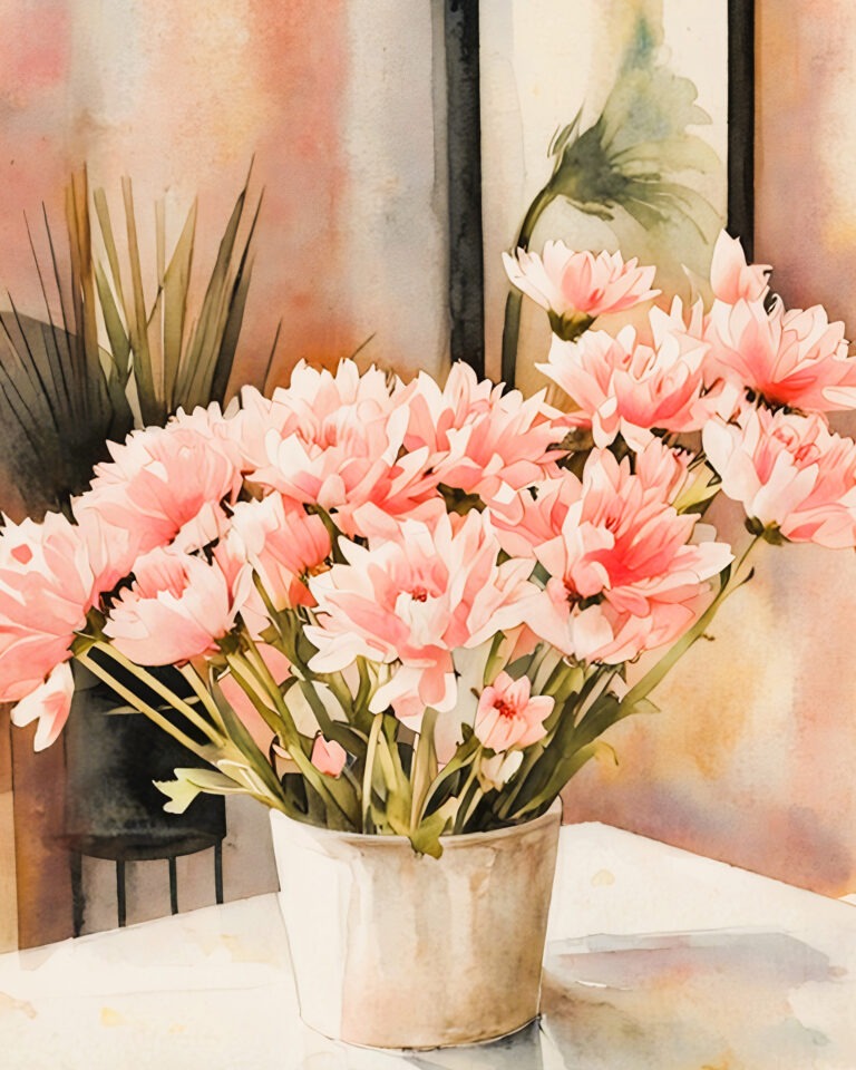 A watercolor painting of a white pot filled with soft pink flowers sits on a table, with a blurred background in warm, pastel shades and a green plant in the distance.