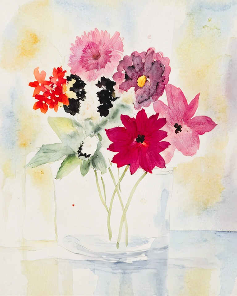 A watercolor painting of a glass vase holding various colorful flowers with pink, red, and purple petals, green leaves, all set against a light, softly blended yellow and blue background.