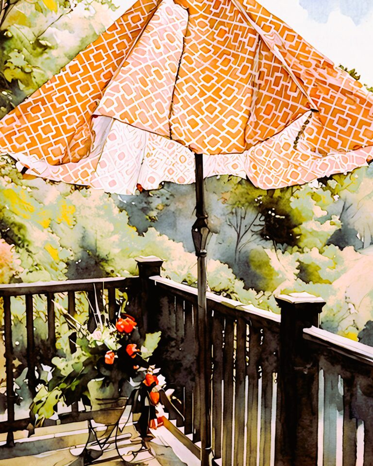 A patterned orange patio umbrella shades a wooden deck with a potted plant of red flowers, surrounded by green trees and sunlight filtering through the foliage.