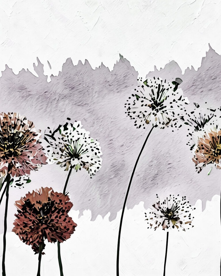 Digital painting of abstract dandelions with thin stems and fluffy, textured seed heads. Free download.