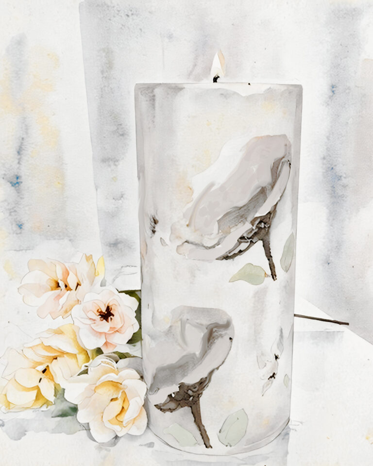 Image of pillar candle with floral designs and bouquet of yellow flowers. Free download.