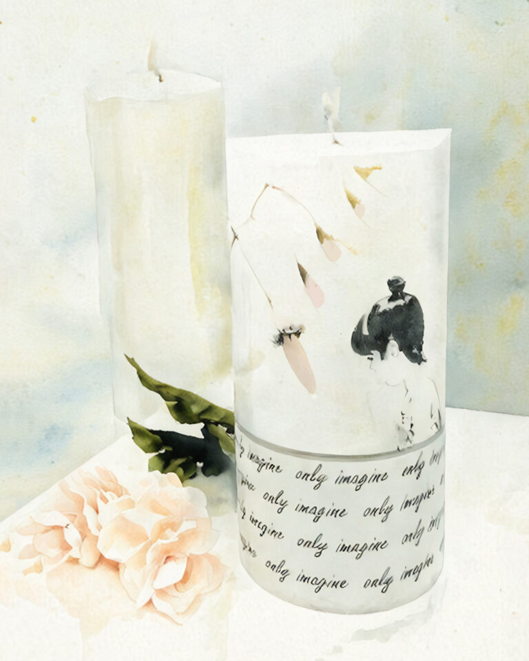 Decorative candle with image of a dreamy young girl. Saying "I can only imagine". Free download.