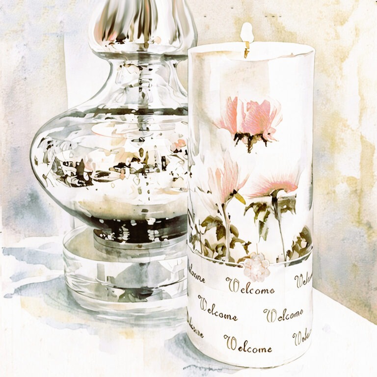 Silvery glass lamp sits beside a decorative pillar candle wrapped with Welcome text and pink flowers. Free downloads.