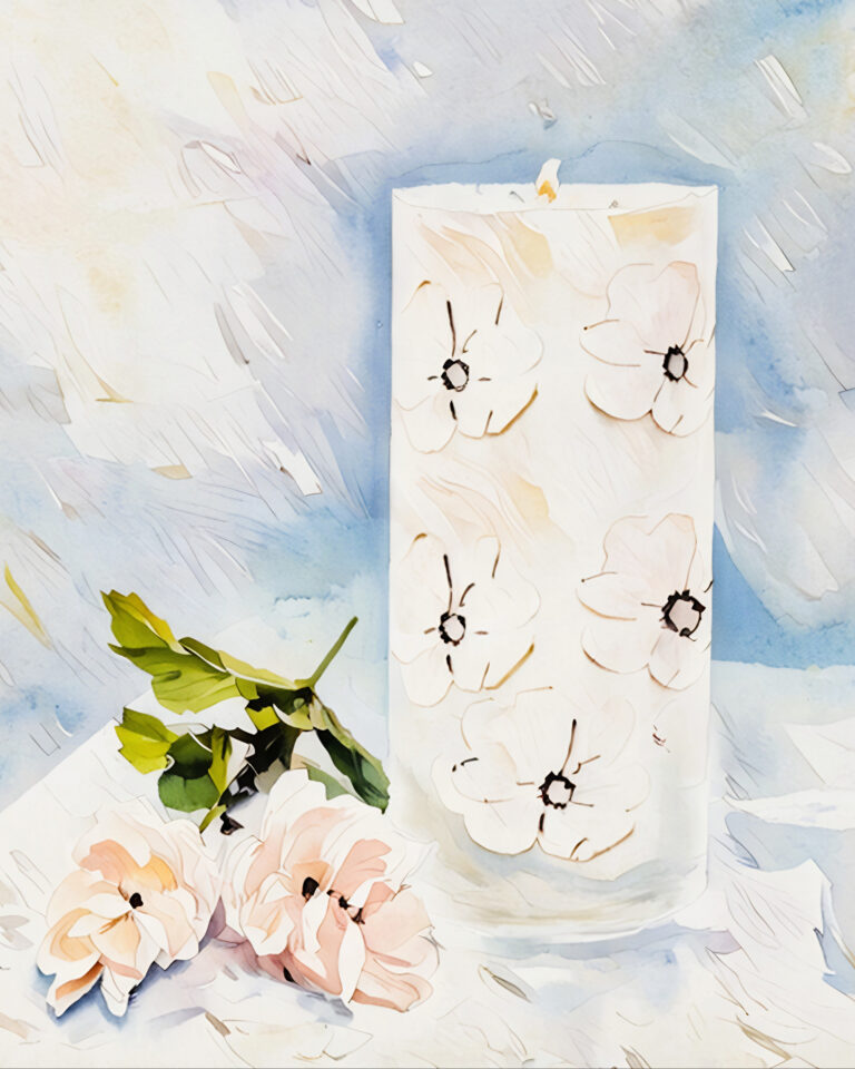 White decorative pillar candle, and tiny pink flowers. Free downloads.