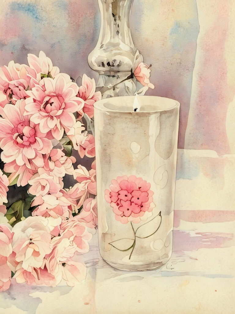 Painting of a white candle with a floral design, and pink chrysanthemums. Free download.