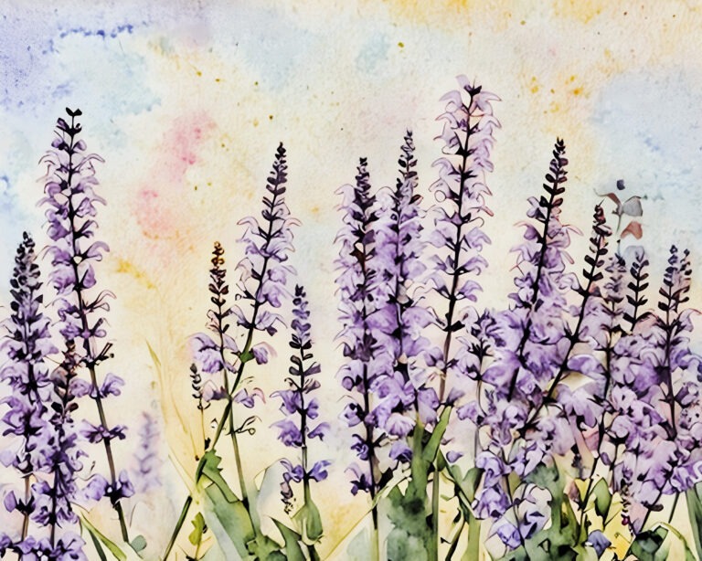 Watercolor painting of tall lavender flowers with slender green stems. Free download.