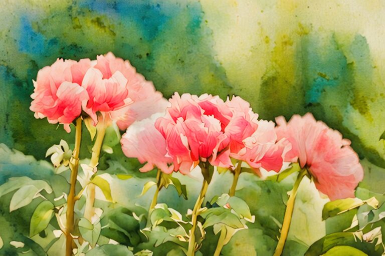 Painting of pink peonies in bloom, with lush green leaves and a serene and vibrant garden scene. Free download.