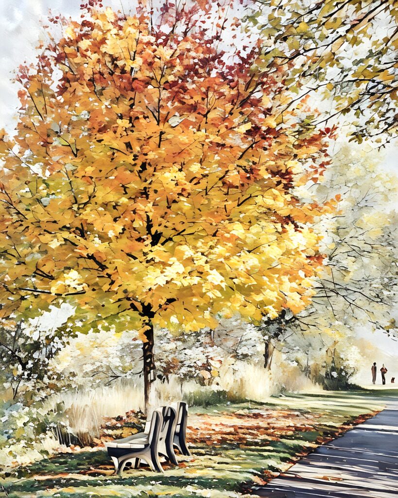 Golden autumn day. Falling leaves, walking path and bench for gathering. Free download,
