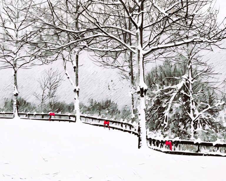 Winter holiday landscape. Snow-covered trees, curved fence, red bows. Free download.