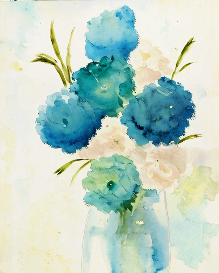 Watercolor painting of a glass vase with teal blue and white flowers. Free download.