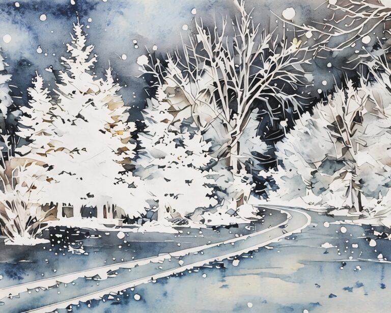 A snowy, winding train track curves through a wintery forest. Free download.