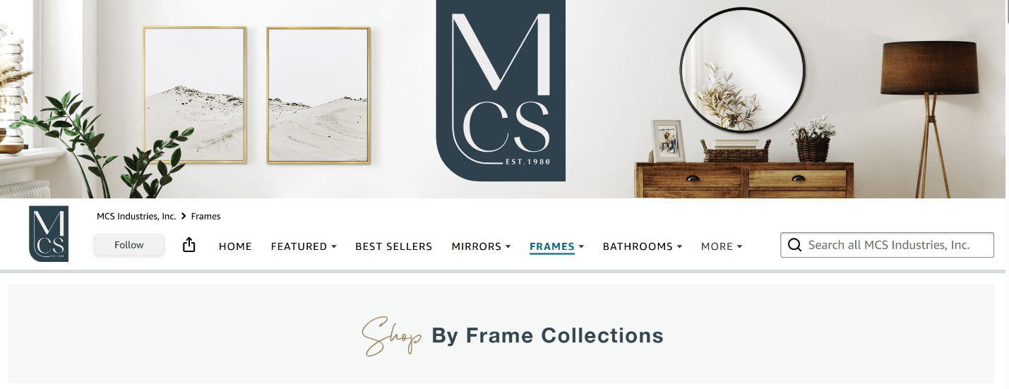 A website banner for MCS Industries, Inc. displays framed art, a round mirror, decorative accents, and wooden furniture. The navigation menu includes categories like mirrors, frames, and bathrooms.